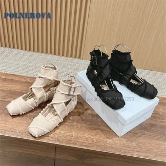 Cross Tied Fringe Ballet Shoes Square Toe Flat with Hollow Out Shallow Mental Buckle Mary Janes Solid Patchwork Retro Pu